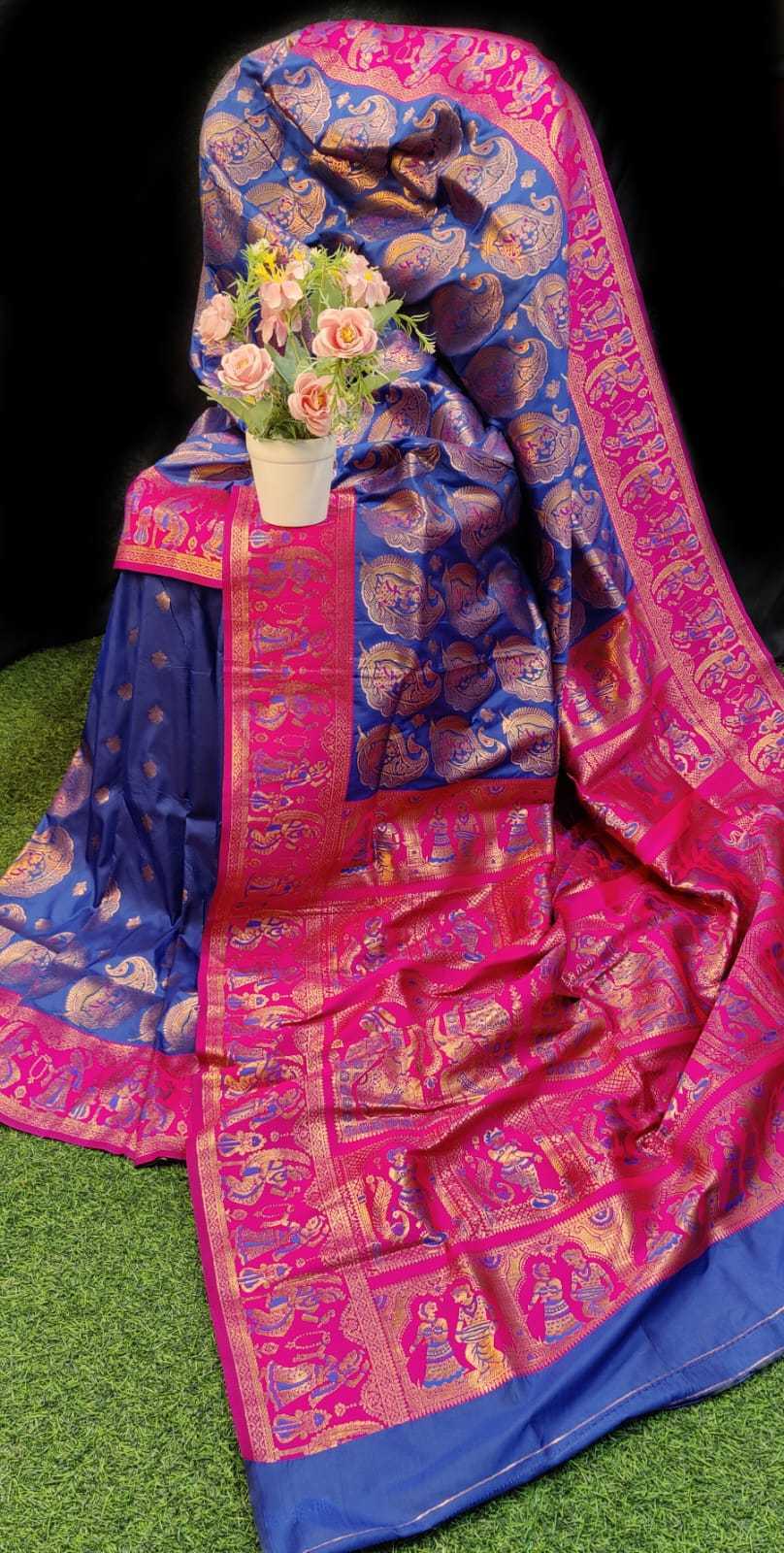 Blue With Hot Pink Border Silk Traditional Saree Hiya S Boutique